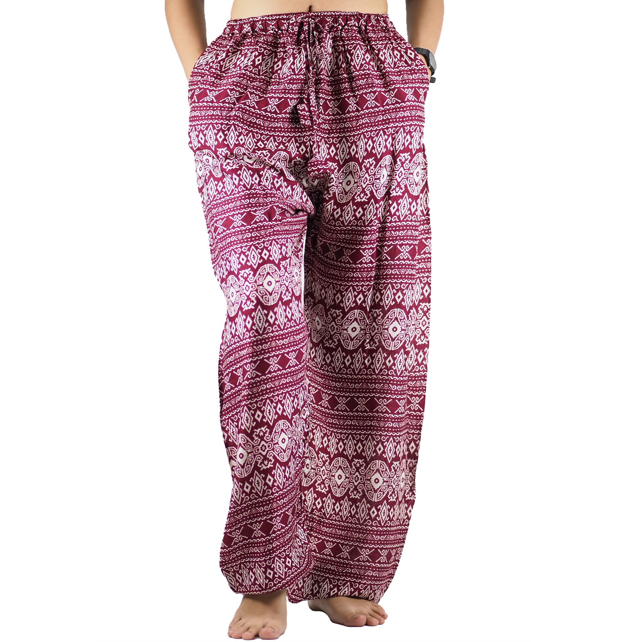 Hilltribe strip Unisex Drawstring Genie Pants in Red PP0110 020049 04