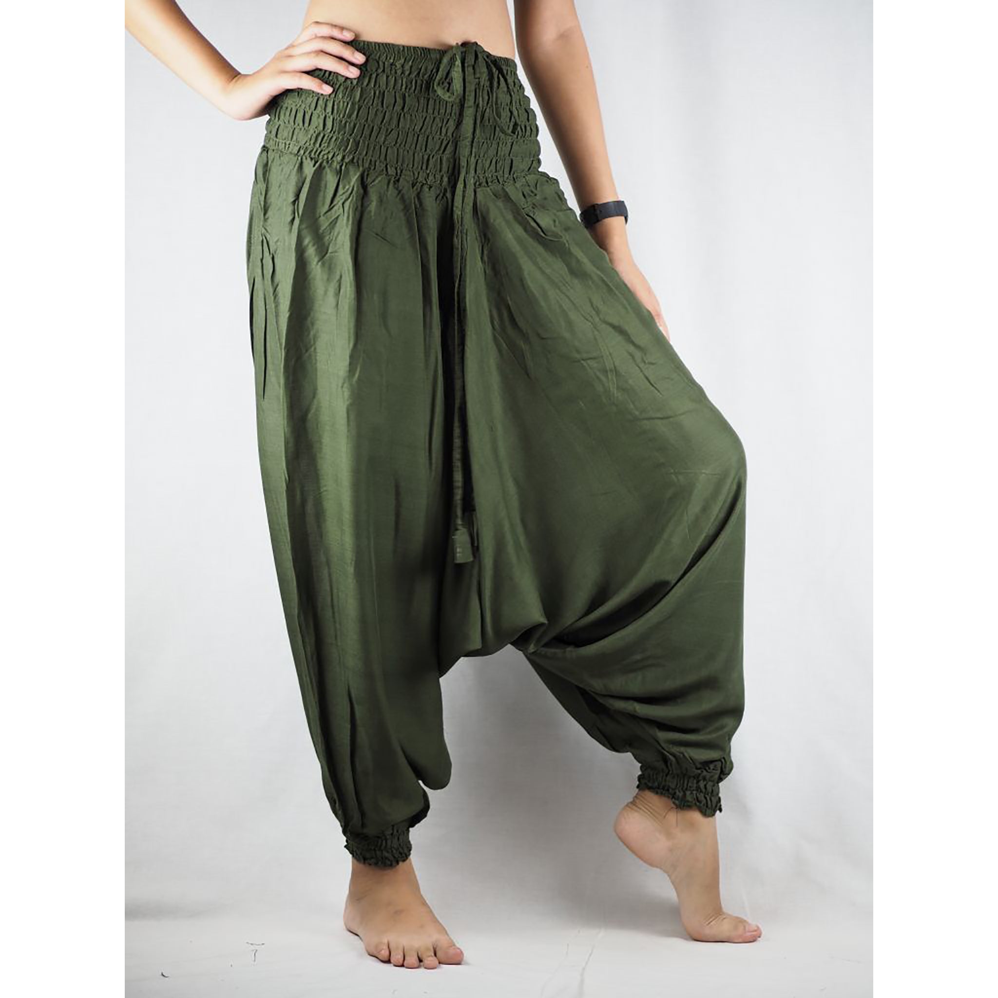 Funky Harem Boho Drop Crotch Olive Charcoal Cotton Jersey Capri Pants,  Avant Garde Pants With Front Pocket and Elastic Waist 