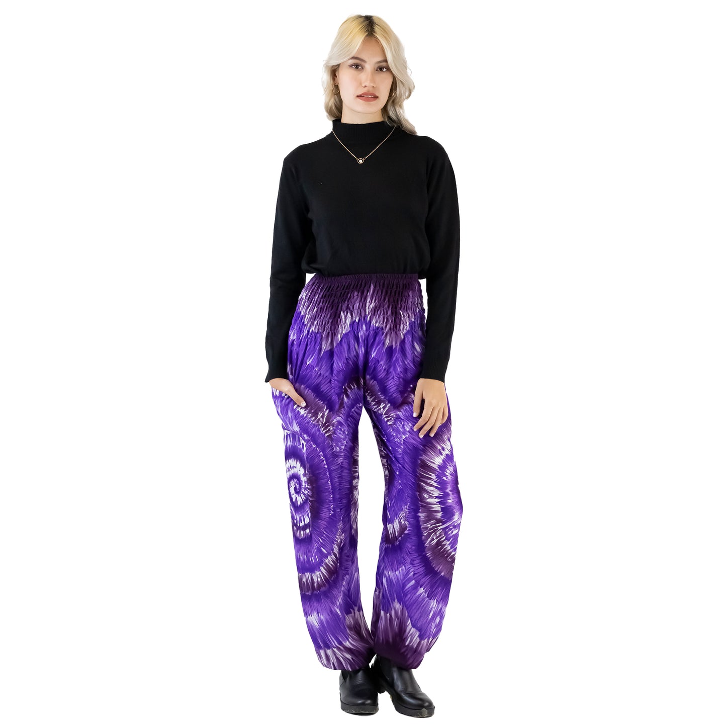 Black sweater and tie dye purple color harem pantc